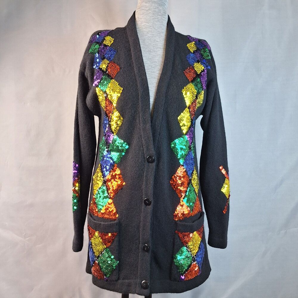 Vintage 90s Whimsigoth Sequin Cardigan Sweater Harlequin Argyle Clueless Party L